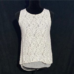 Dolce Ragazza M Ivory Top Tank Blouse Silk Chiffon Shirt Tail Hem Lace Overlay